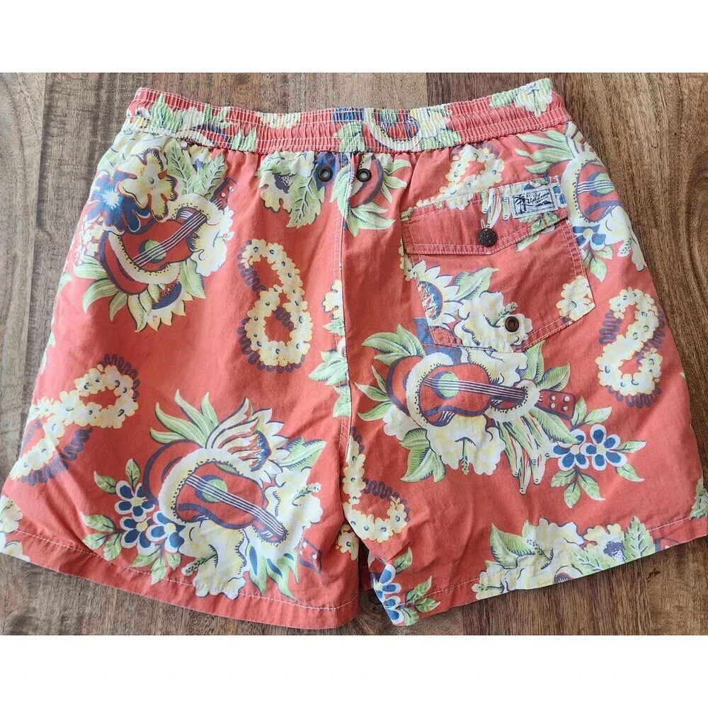 Polo Ralph Lauren Shorts Mens Large Orange Hawaiian Swim Trunks Lined Drawstring